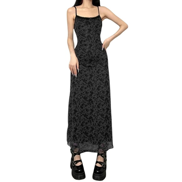 Gupgi Women Slip Dress Spaghetti Straps Backless Black Lace Trim Floral Dress Summer Long Dresses