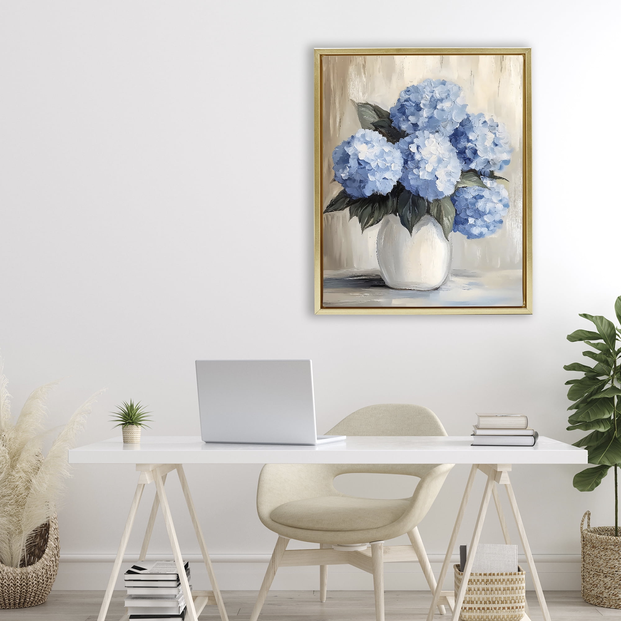 Stupell Industries Painted Hydrangeas in White Vase Gold Framed Floater Canvas Wall Art, design by Creative Studio