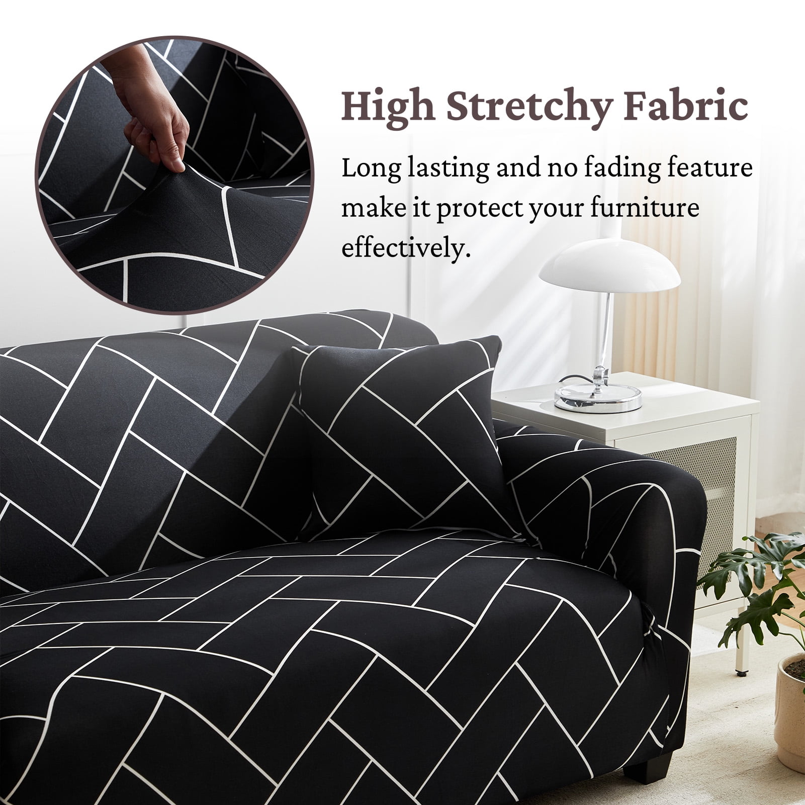 HonorHut Patterned Couch Cover High Strength Stretch Sofa Cover 4 Seater Printed Washable Slipcovers Modern Fashion Universal Furniture Protector Black White