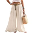 thumbnail image 3 of HAJWOH Women Boho Wide Leg Palazzo Pants, Elastic High Waist Flowy Crinkled Beach Trousers with Matching Belt & Pockets, Lightweight Summer Vacation Loose Fit Pants(Beige,M), 3 of 6