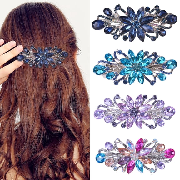 4 Pcs Hair Barrettes for Women Ladies Flower Crystal Rhinestones Hair Clip Accessories Women Fashion Ponytail Holders Barrettes for Daily Wear Mothers Day Gifts