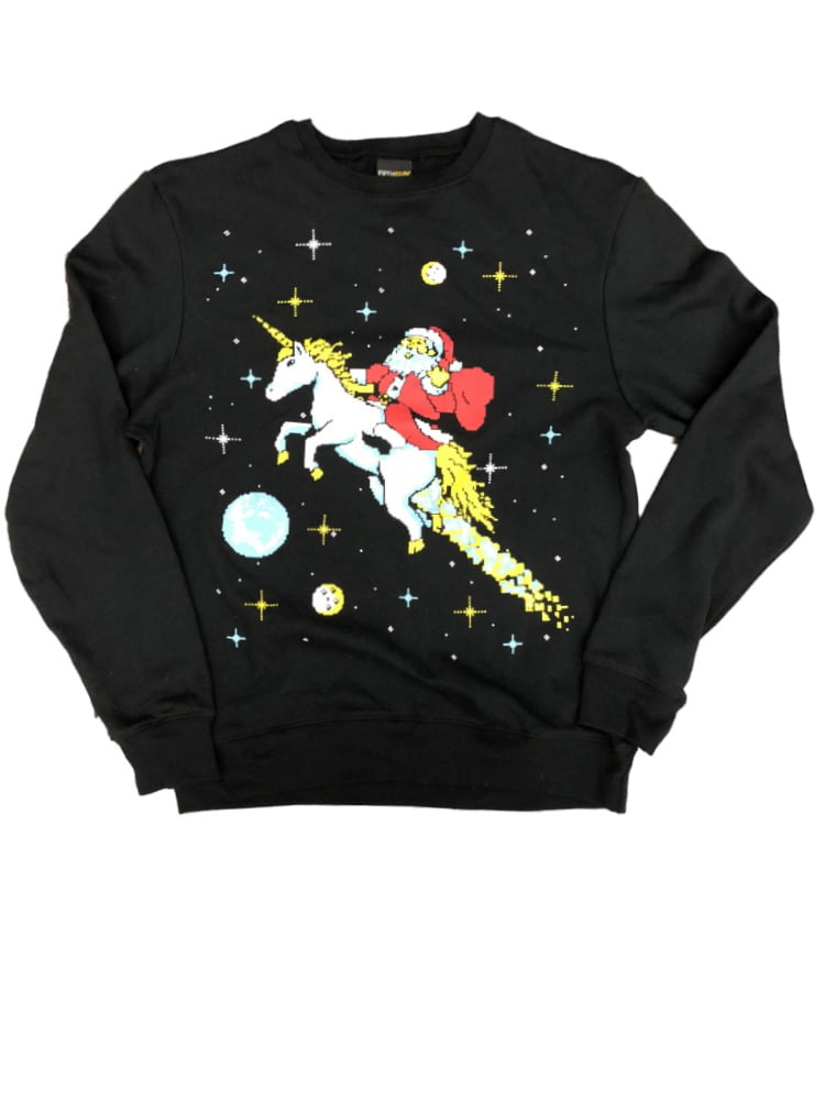 fifth sun womens black christmas holiday sweatshirt santa rides unicorn in space top small walmart com walmart com walmart