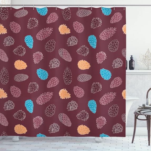 Pine Cone Shower Curtain, Coniferous Tree Cones Christmas Season Retro Woodland Creative, Fabric Bathroom Set with Hooks, 69W X 84L Inches Extra Long, Dried Rose Maroon Pale Orange, by Ambesonne