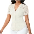 thumbnail image 2 of ClodeEU Womens Lace Trim Short Sleeve Button Down V Neck Casual Fashion Shirts Beige,Womens Plus S, 2 of 5
