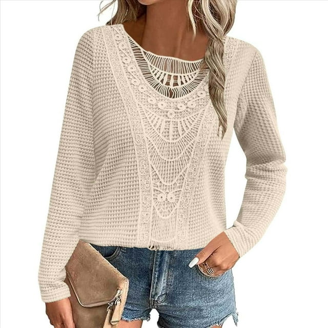 Camiseta de Mujer con Encaje de Piña y Costuras, Color Liso, Larga, Cuello Redondo, Informal. Albaricoque M