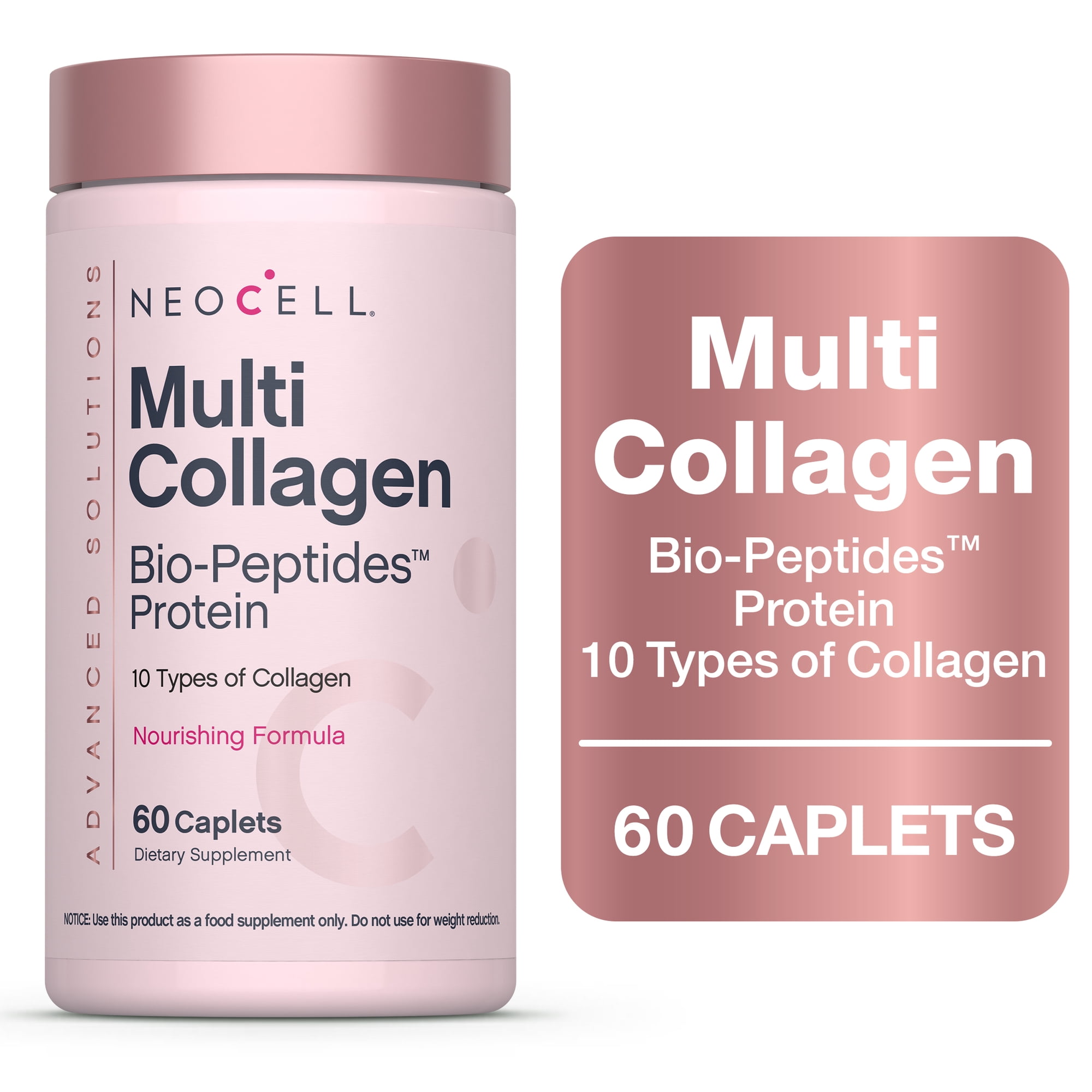 NeoCell Advanced Multi Collagen Rose Caplets for Hair, Skin & Nails Support, 60 Count