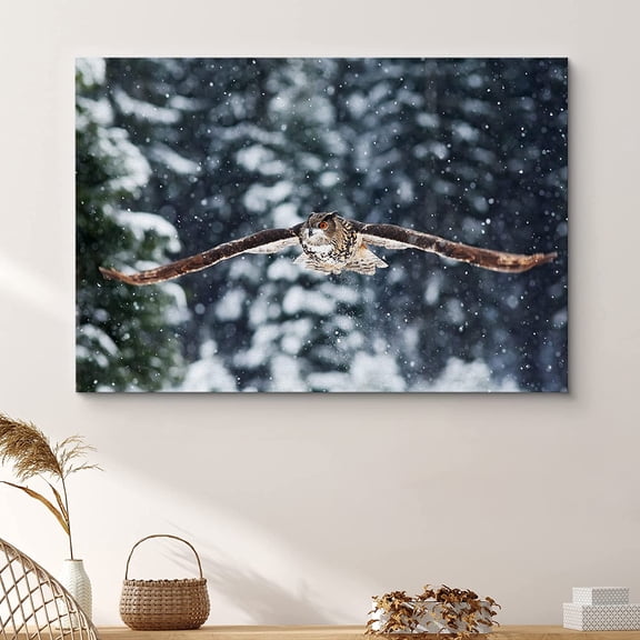PixonSign Framed Wall Art Print Owl Flies in Snowy Forest Animals Wildlife Photography Realism Rustic Landscape Dramatic Multicolor Cool for Living Room, Bedroom, Office - 32"x48"