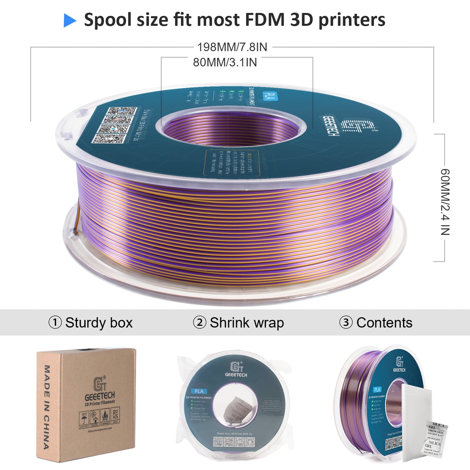 Geeetech 5pcs anti-pulling type 3D Printer PLA Filament 5KG（11ibs） Toughness Enhanced Filament with 1.75mm Dimensional Accuracy +/-0.03mm, Vacuum Packaging Two-tone purple and gold