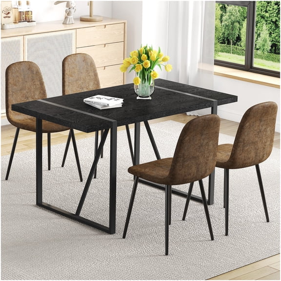 55 Inch Dining Table Set for 4 with Brown Fabric Chairs, Black Retro Rectangular Kitchen Table