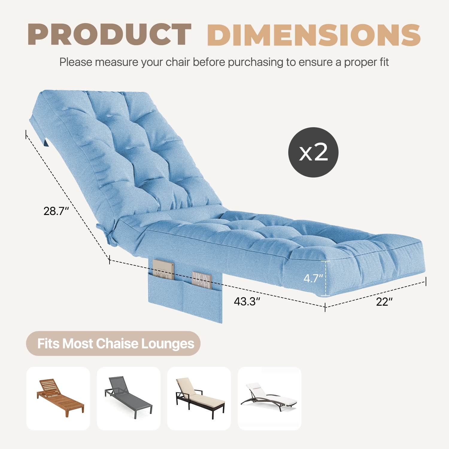 BaPiPro Sky Blue 2-Pack Outdoor Chaise Lounge Cushion with Side Pocket, Triple Non-Slip Fixation, All-Weather Durable & Soft Fabric, Thickened Padding, Ideal for Patio and Poolside Use