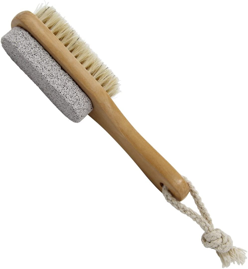 LANMOK Foot Natural Bristle Brush & Pumice Stone Combo W/Rope Wooden Handle - Exfoliator Pedicures Calluses Remover - Smoother Body Skin, feet, Elbow Scrubber for Massage SPA Sauna and More