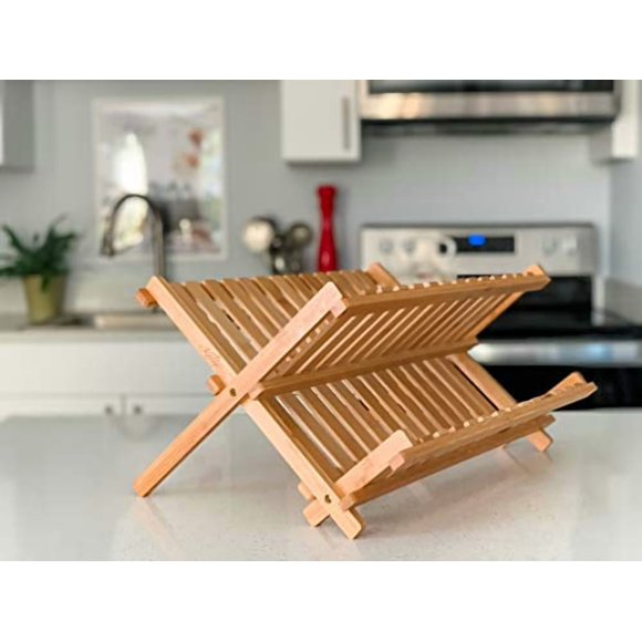 Kozy Kitchen Support de Séchage de Vaisselle en Bambou Support de Vaisselle Égouttoir Pliable, Support de Séchage de Vaisselle Pliable Porte-Plaque en Bois en Bambou 100% Naturel (Bamboo Naturel- Bambou Naturel- F