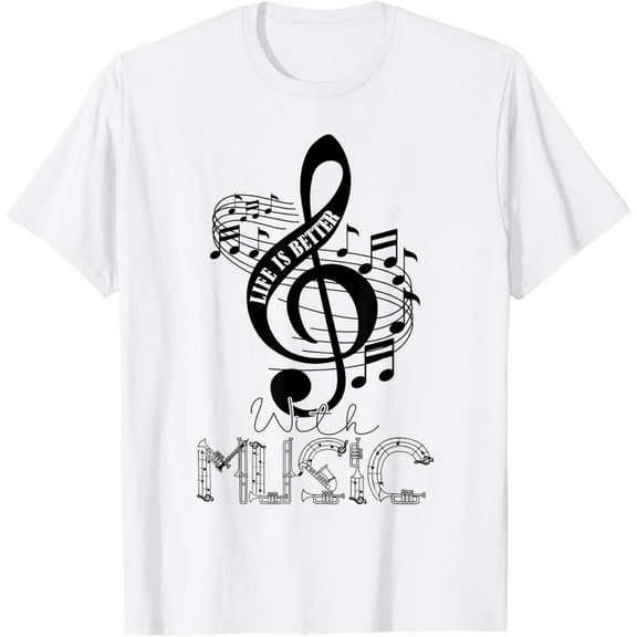 Life Is Better With Music Notes Musical Sheet Musician Music T-ShirtMen and women, White T-shirt, size: Extra large S-270XL
