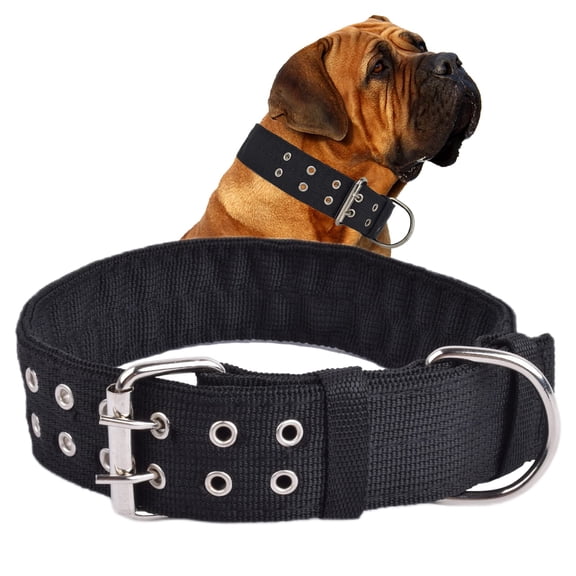 Miaocao Adjustable Dog Collar, 1.5 Inch Wide D Ring & Buckle 2-Rows Dog Collar, Black Nylon Tactical Dog Collars for Large Dog