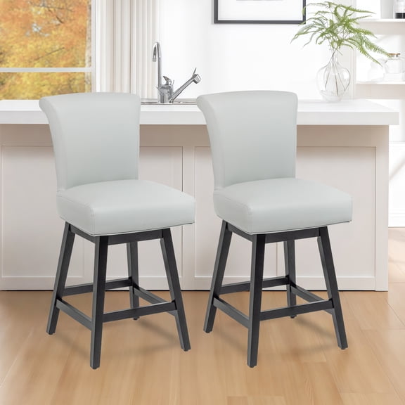 TUNESET Bar Stools Set of 2, PU Leather Barstools, 26 Inch Upholstered Counter Stools with 15.7" High Back and Footrest, Swivel Counter Height Barstools for Kitchen Island Home Bar Light Gray