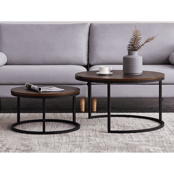 Modern Nesting Coffee Table Black Color, 30 Inch Round Coffee Table Walnut