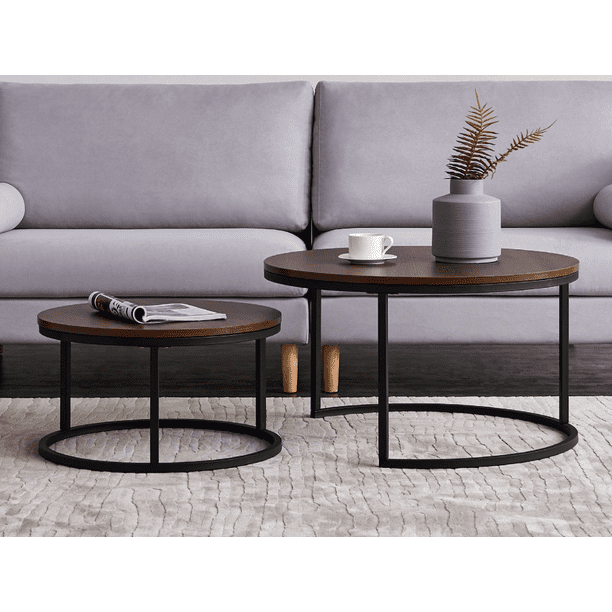 Modern Nesting Coffee Table Black Color Frame With Walnut Top 32 Com Modern Nesting Coffee Table Black Color, 30 Inch Round Coffee Table Walnut