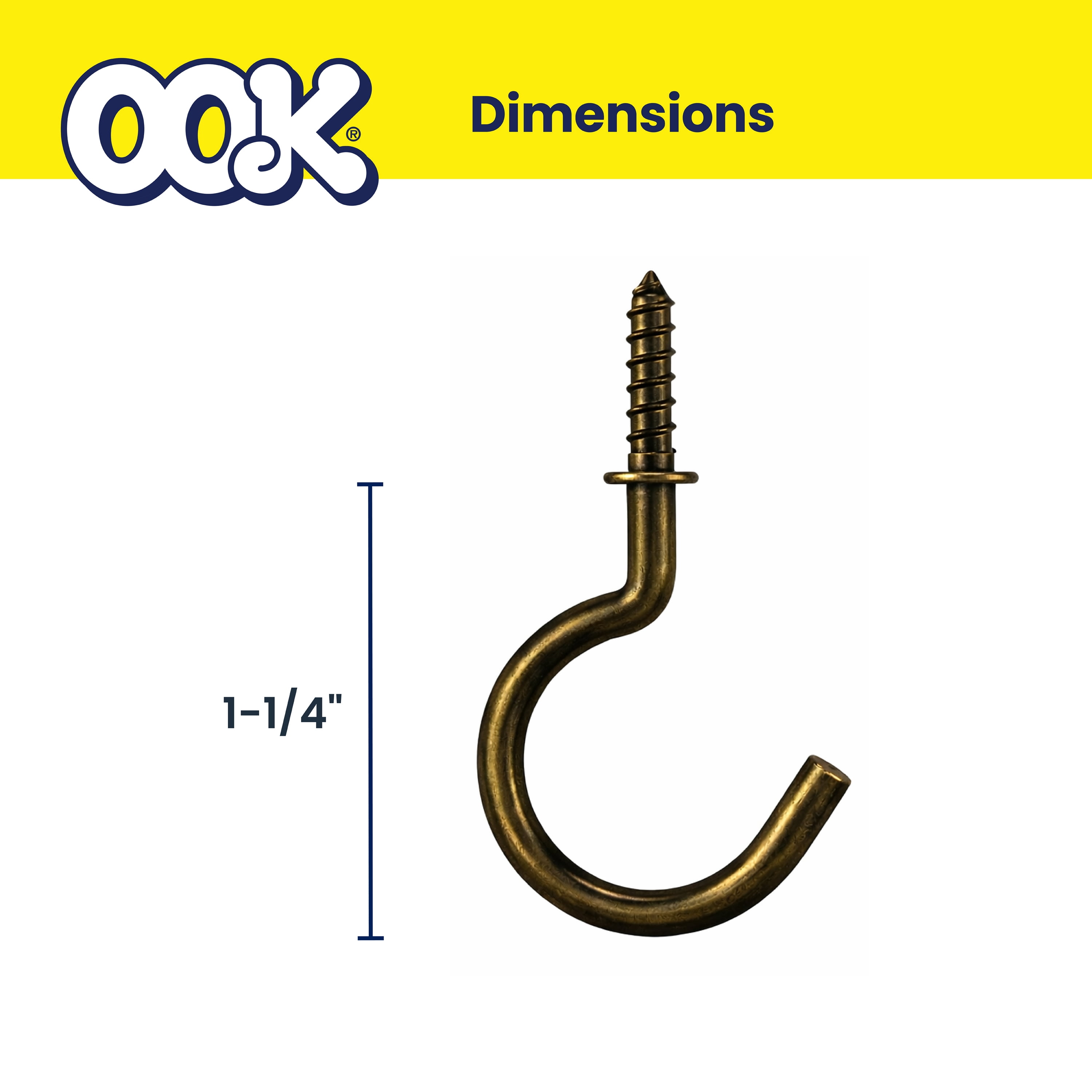 (3 pack) Ook Cup Hooks, 1-1/4", 1 lbs, Screw Hooks, Steel, Antique Brass, Gold, 3 pack