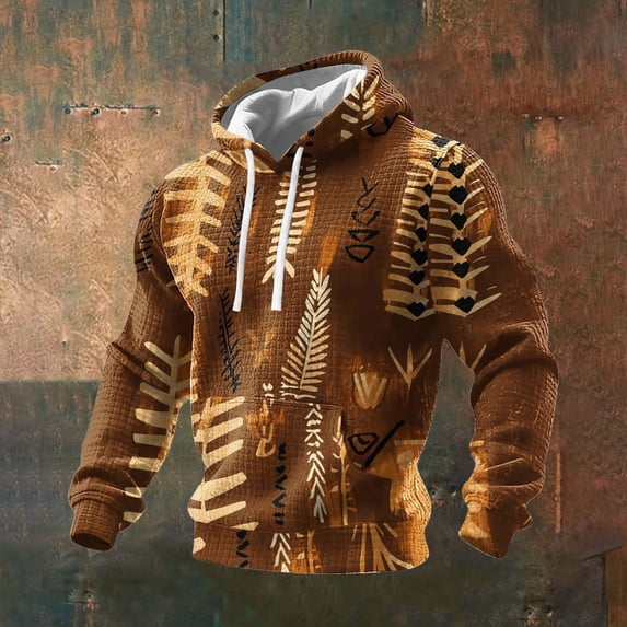 MAIHAN Work Hoodies for Men,Waffle Knit Long Sleeve Hoodie with Front Pocket Aztec Style Retro Casual Sweatshirt Relaxed Fit Fleece Hoodie(Coffee,XXXL)