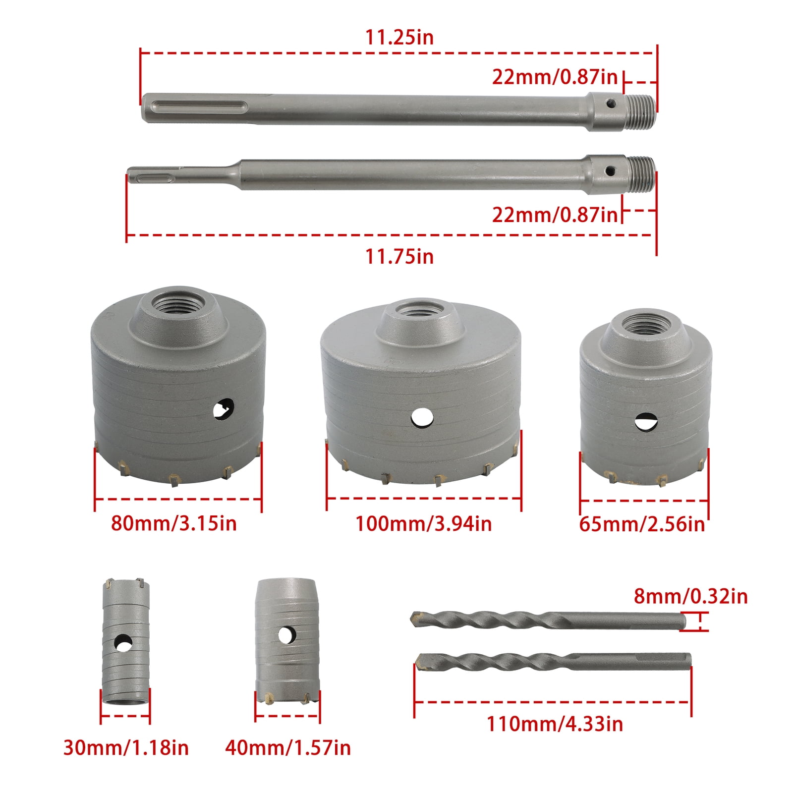 9-Piece Professional 30-100mm Diamond Drill Bits Set SDS Plus Max Bit Shank