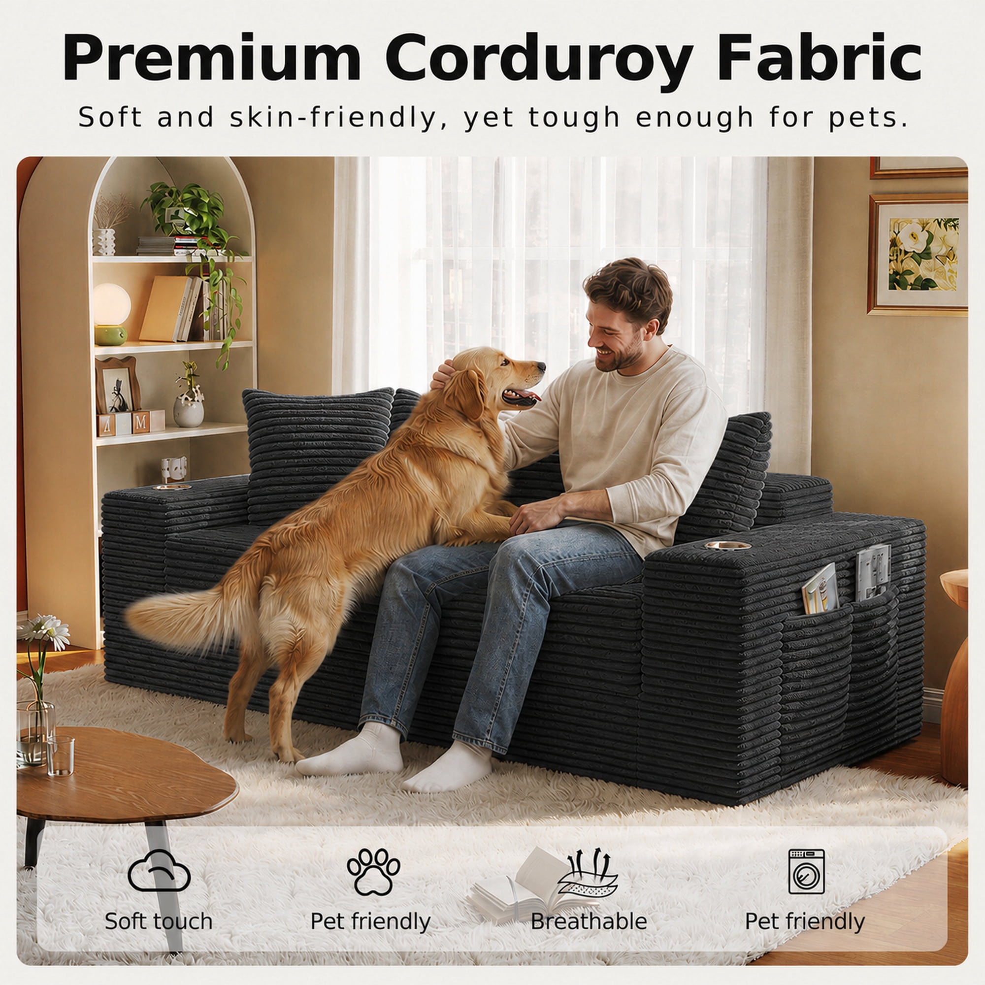 GARITIN Frameless Teddy Couch Bed 77 Inch, Boneless Corduroy Convertible Sofa with Cup Holders and Side Storage for Living Room, Black