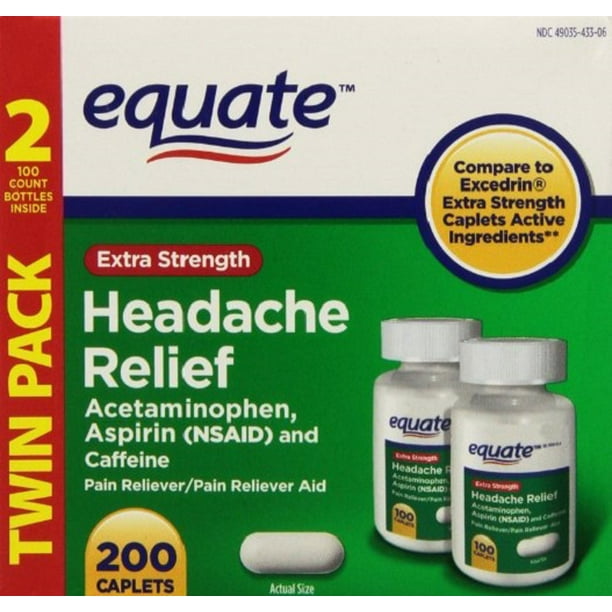 Equate Extra Strength Headache Relief Acetaminophen Tablets, 100 Count, 2 Pack