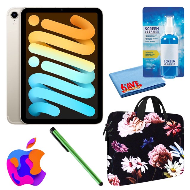 Paquete Apple iPad Mini 6 (2021, 64 GB, Wi-Fi + Cellular, Starlight) (MK8C3LL/A) con funda con cremallera floral negra + kit de limpieza de pantalla