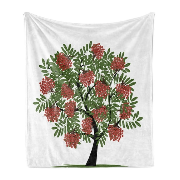 Rowan Soft Flannel Fleece Throw Blanket, Rowan Tree Full of Fruits Fresh Organic Ecology Themed Artwork, Cozy Plush for Indoor and Outdoor Use, 50" x 70", Olive Green Dark Coral, by Ambesonne