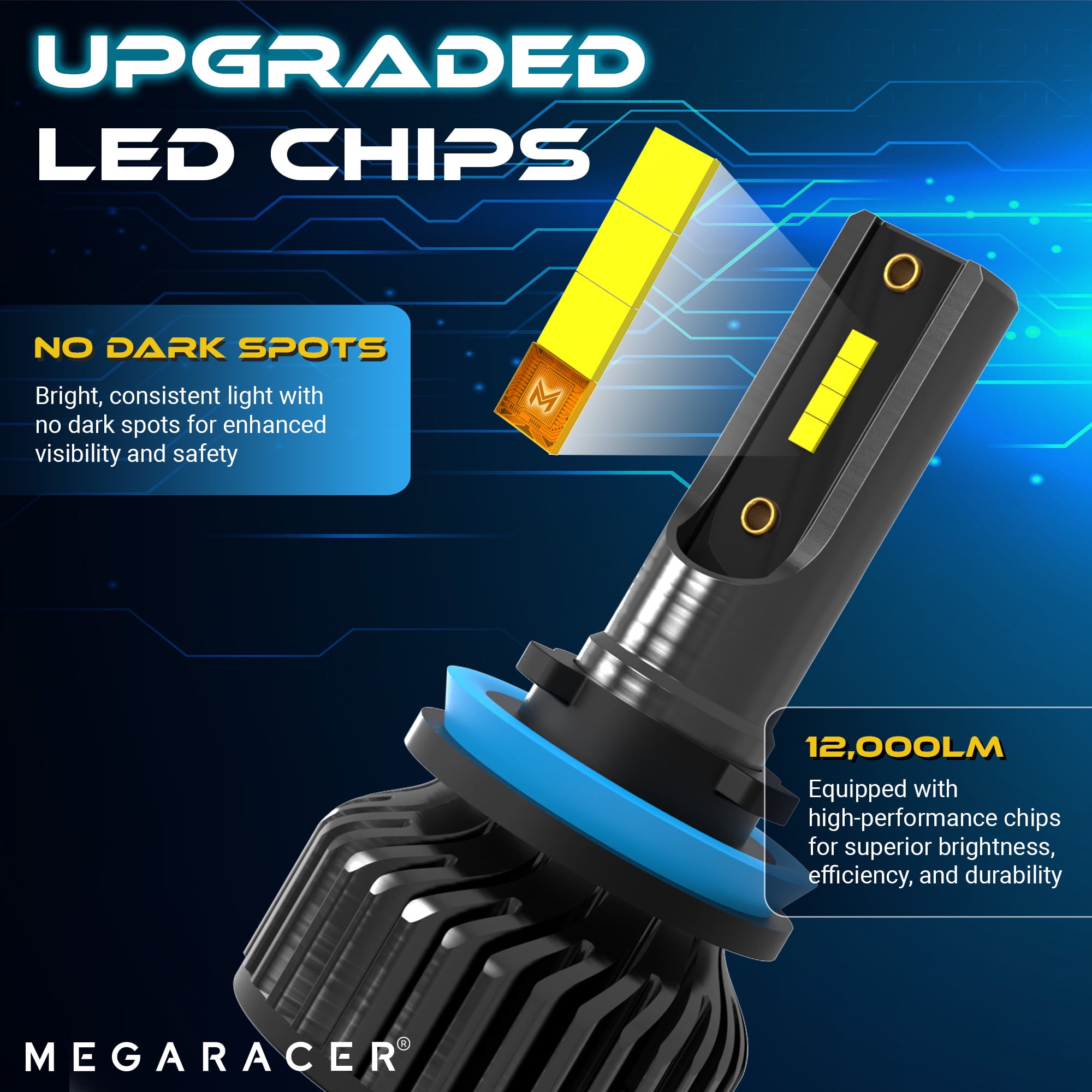 Mega Racer H11 9005 LED Headlight Bulb Combo 4 PACK - 6000K Bright White 12V 60W 16000LM - High & Low Beam Replacement Car Bulbs