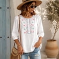 thumbnail image 2 of Women's Embroidered Blouses Summer Round Neck Embroidered Top 3/4 Sleeve Casual Boho Loose Lightweight Daily Shirts by Yigetop White 3XL, 2 of 7