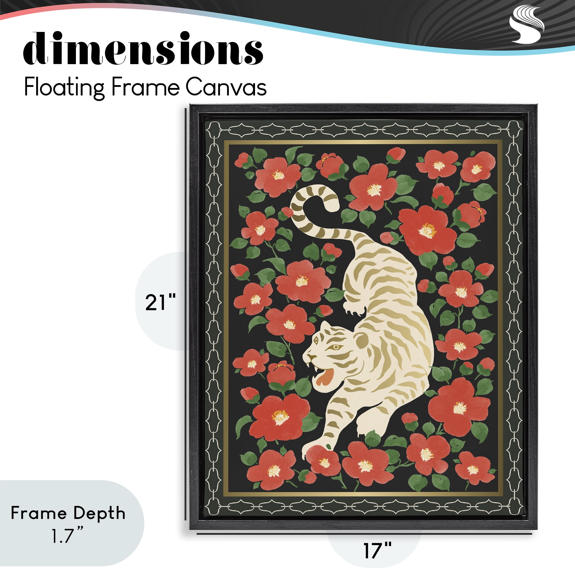 Stupell Industries Ivory Tiger Among Camelias Black Framed Floater Canvas Wall Art, design by Karolina Sato