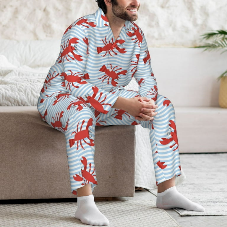 Mens Pajamas Set Cute Cartoon Lobster Soft Comfy Long Sleeve Button Up Pajama Sets for Men 2 Piece Sleepwear Nightwear Pjs Lounge Sets for Men with