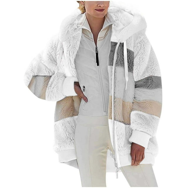 Atogsazn Veste en Sherpa Molletonné à Rayures pour Femmes, Fermeture Éclair Complète, Chaude pour l'Hiver, à Capuche, Manches Longues, Blanc, Mode TTTG