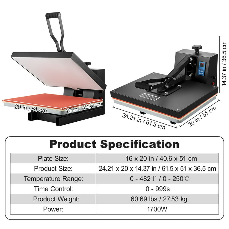 VEVOR Heat Press Machine 15 x 15 / 16 x 20 / 16 x 24 Sublimation  Printer Manual Clamshell Transfer on DIY T-shirt Pillow