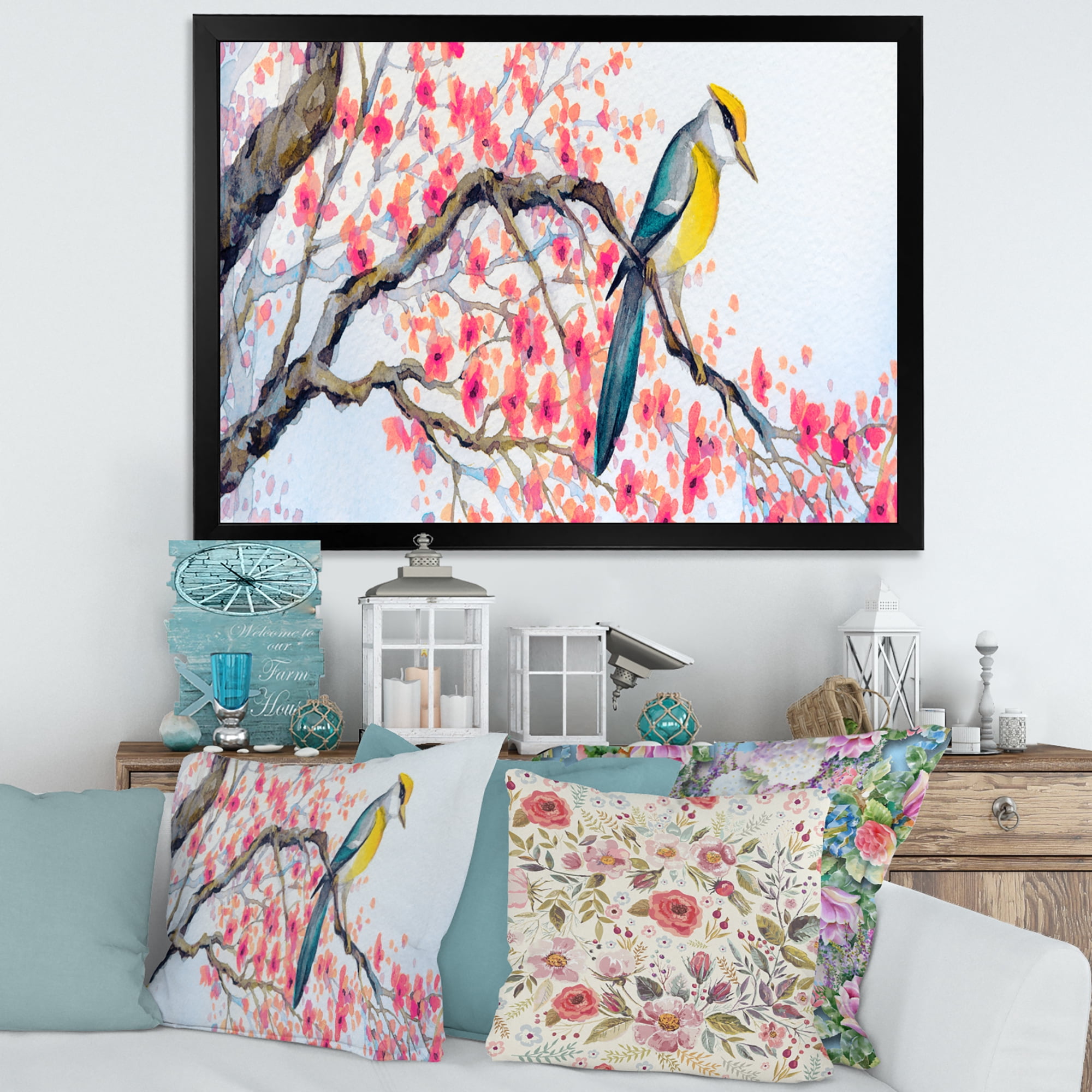 Beautiful Pink Bird Sitting On Flowering Branch I 32 in x 16 in Framed Painting Canvas Art Print, by Designart