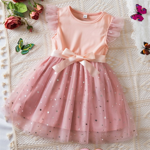 TopLLC Robe Sans Manches à Col Rond pour Filles Été Nouvelle Robe Sans Manches à Volants en Dentelle Col Rond Broderie en Maille Princesse Jupe à Nœud Robe pour Fille