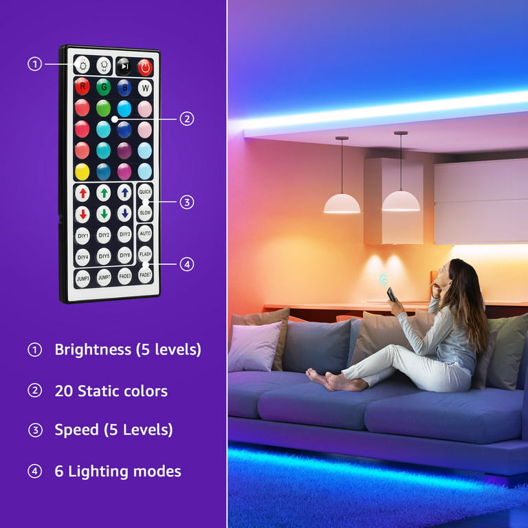 Lepro 50Ft Led Strip Light, Ultra-Long Rgb 5050 Led Strips With Remote  Controller And Fixing Clips, Color Changing Tape Light With 12V Etl Listed  Adapter For Bedroom, Room, Kitchen, Bar(2 X 24.6Ft) -