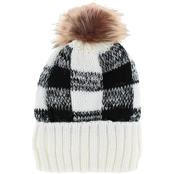 CTM  Buffalo Plaid Knit Winter Beanie Hat with Synthetic Pom (Women)