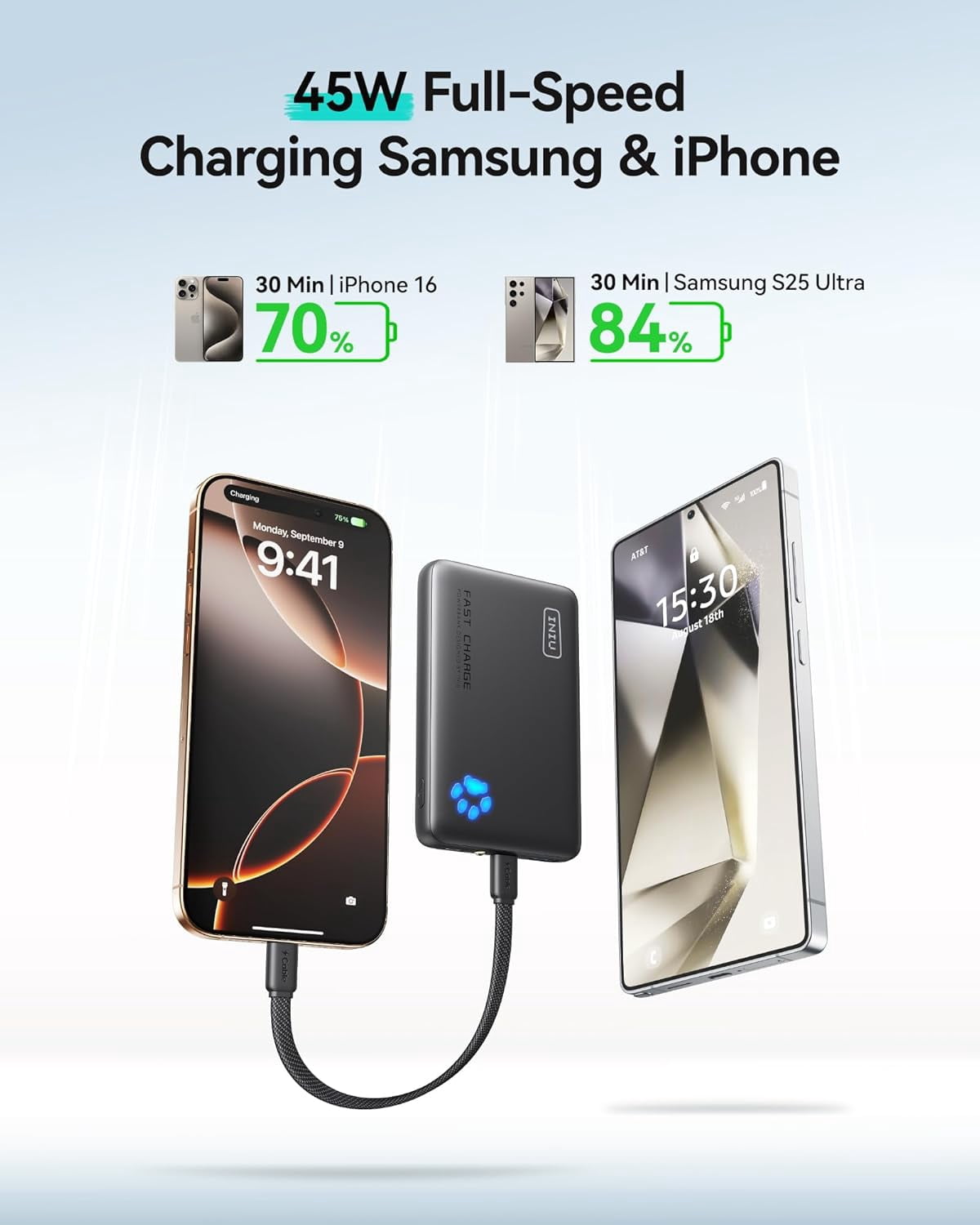 Portable Charr, Ultra Slim 45W Fast Charging with Attached USB C Cable, Flight-Safe 10000mAh PD Power Bank Battery Pack, Travel Essential Phone Powerbank for iPhone 17 16 S25 Google etc