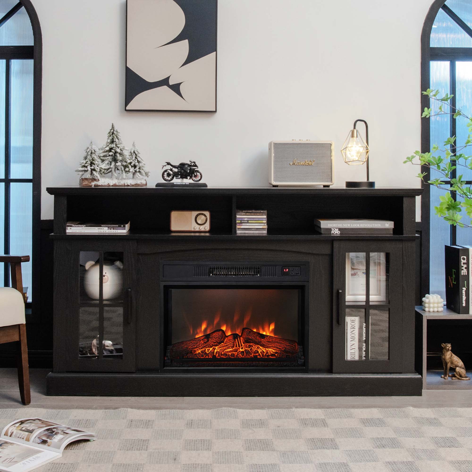 Costway 58'' Fireplace TV Stand W/ 1400W Electric Fireplace for TVs up to 65 Inches Black