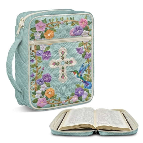 Psesaysky Petunia Hummingbird Bibile Covers Quilted Bible Carrying Case for Women Compact Christian Bag 10.6x8.3 Inches Tote with Multi-Pokckets to Hold Bibles, Notebooks & Pens for Office, Church