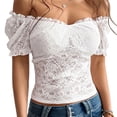 thumbnail image 2 of Yopmin Lace Off Shoulder Top Puff Short Sleeve Women's Floral Lace Summer Casual Blouses Sexy Crop Tops for Dating, 2 of 9