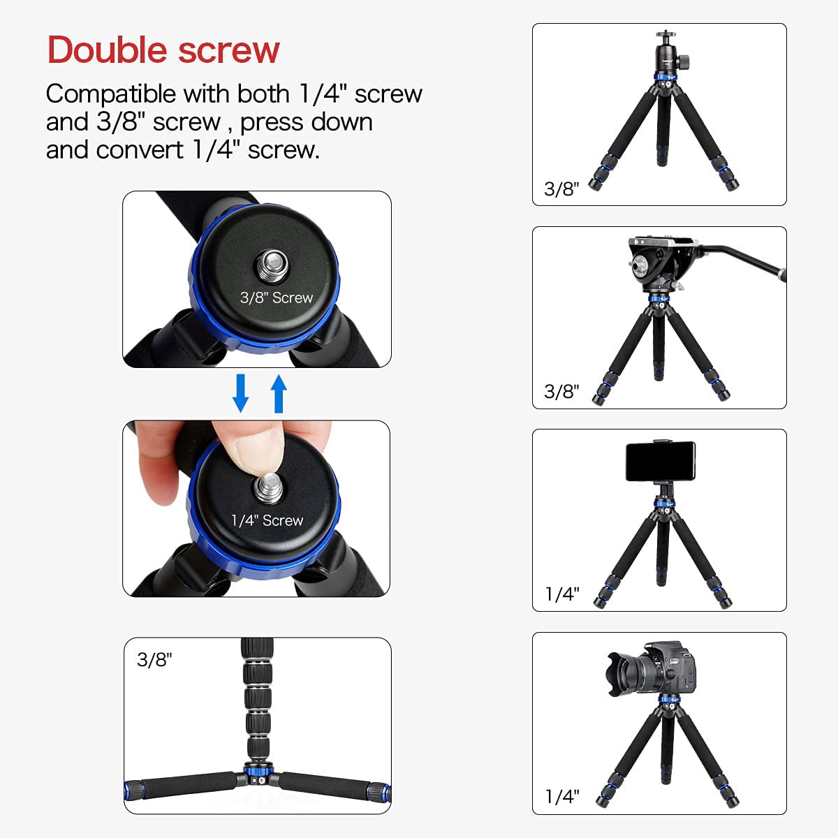 Koolehaoda Camera Mini Tripod, Lightweight Aluminum Alloy Tabletop Tripod Stand with 1/4 and 3/8 Screw Mount for DSLR Camera,Video Recorder,Cell Phone - (MT-03)