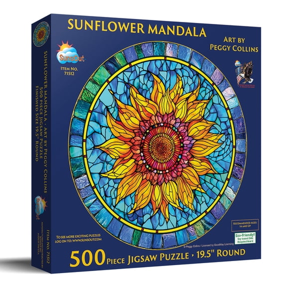 SunsOut Sunflower Mandala 500 Piece Jigsaw Puzzle for Adults - Finished Size: Round 19" by Artist: Peggy Collins
