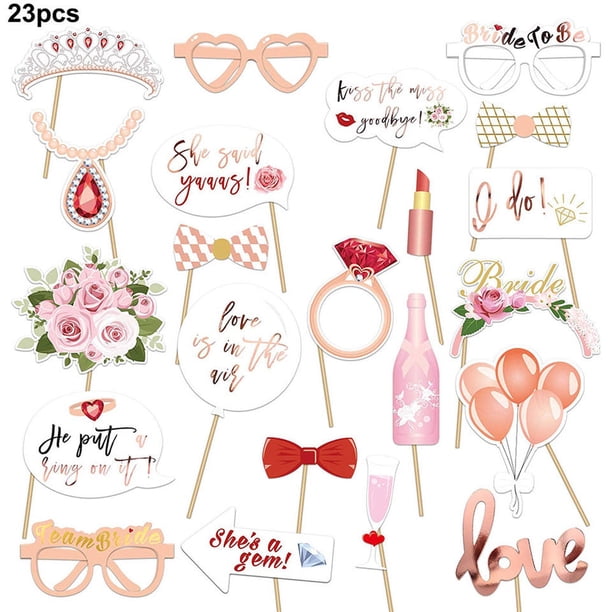 Accesorios para cabina de fotos de boda, 23 piezas de accesorios para cabina de fotos de oro rosa para despedida de soltera, cumpleaños, compromiso, novia para ser, despedida de soltera