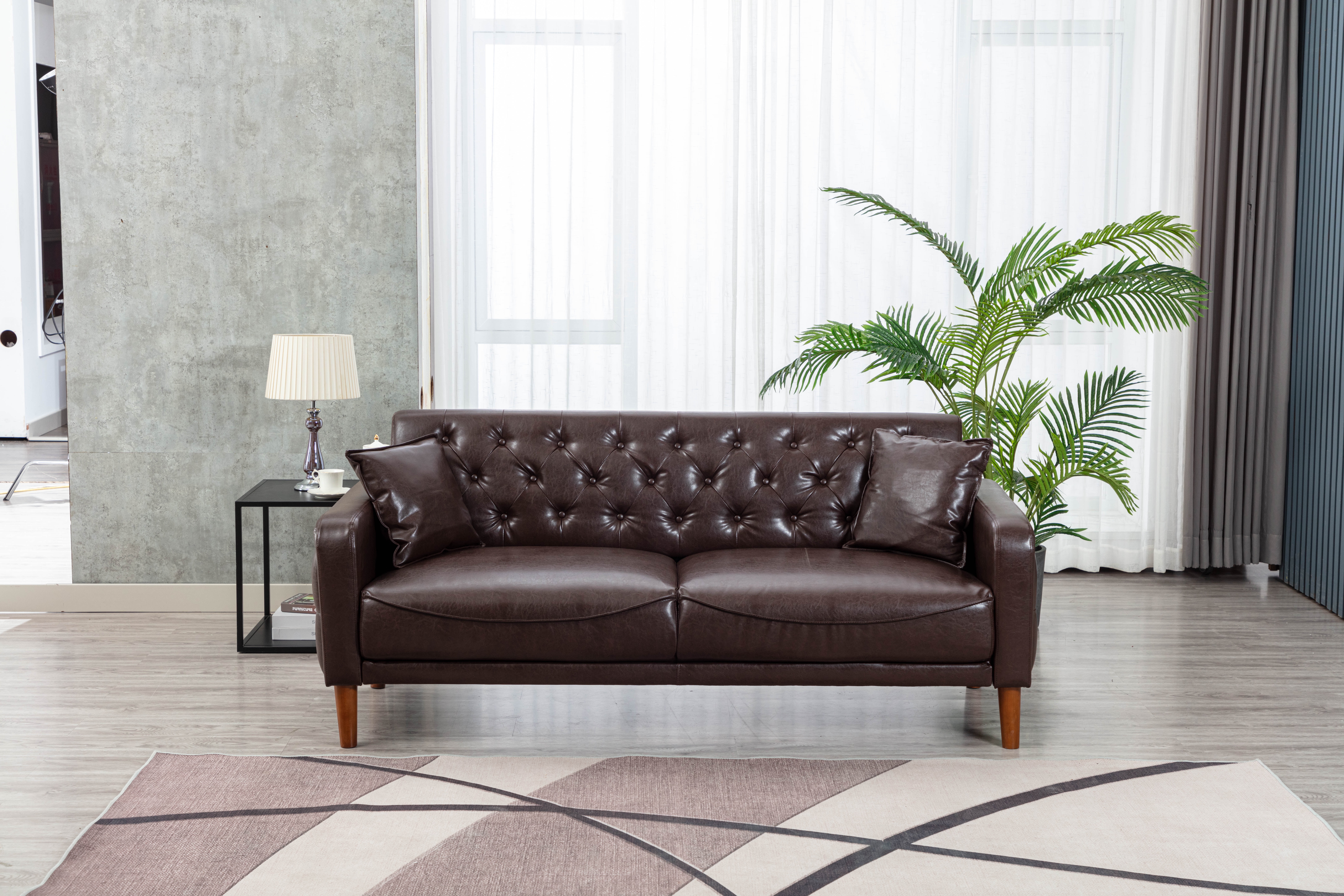 78inch 3 Seater Sofa Couch, PU Leather Upholstered Sofa with Thick Cushion and Solid Wood Tapered Legs, Modern Accent Arm Sofa with 2 Pillows, for