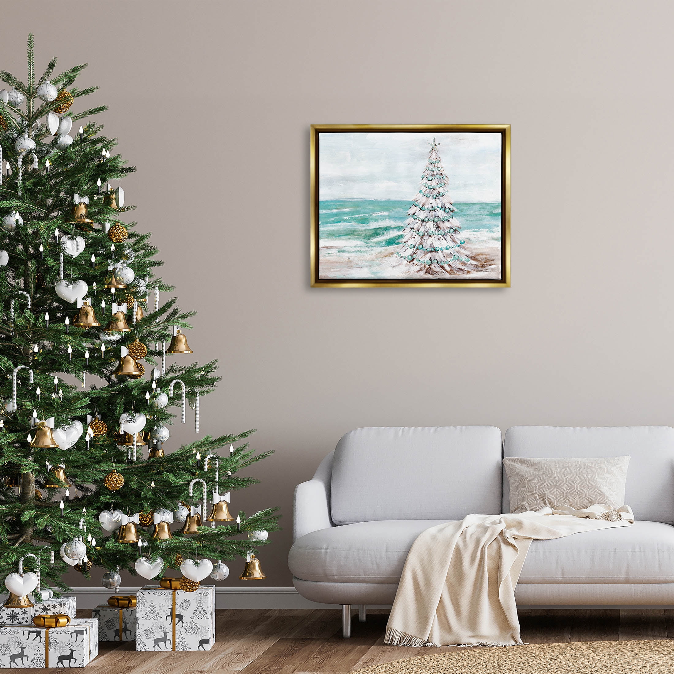 Snowy Christmas Tree Beach Shore Holiday Painting Metallic Gold Framed Art Print Wall Art
