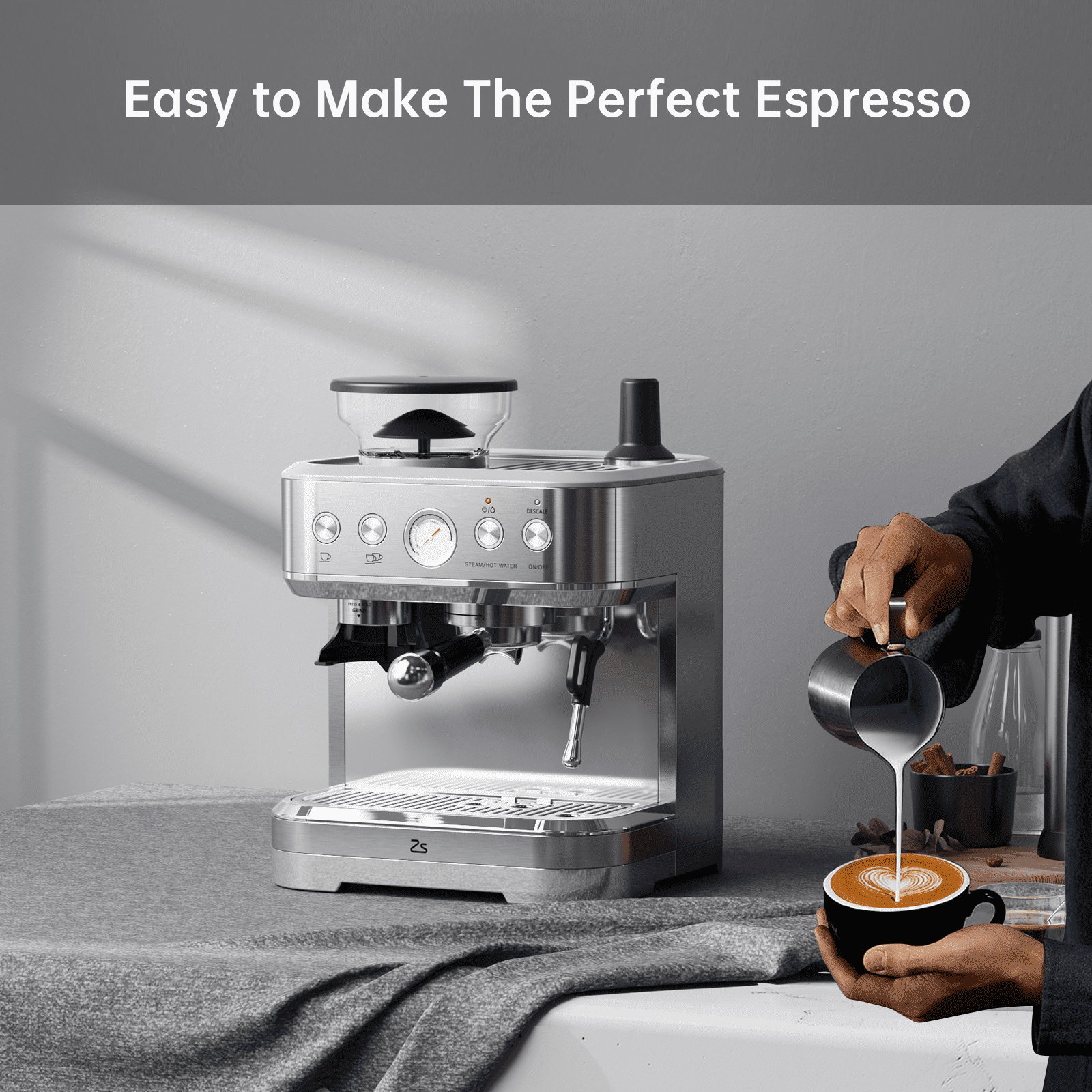 Semi-Automatic Espresso Machine Coffee Maker with Grinder & Milk Steamer, 15 Bar, 2.5L Water Tank