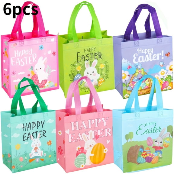6/12-Pack Reusable Easter Gift Bags with Handles – 6 Unique Non-Woven Easter Egg Hunt Bags, 9x4.3x8.6 Inches, Bunny, Floral & Egg Patterns – Perfect for Easter Party Gifts, Basket Fillers & Decoratio