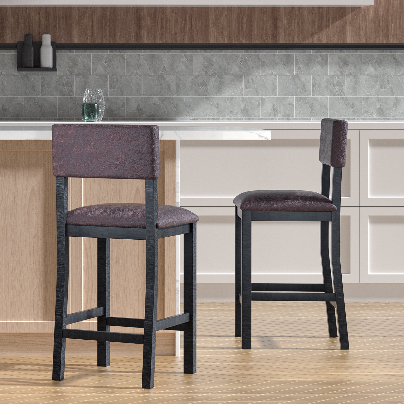 Nathaniel Home, 24" Bar Stools Leather Upholstered Chairs Set of 2, Counter Height Stools with Back, Dining Barstools with Footrest, Rustic Dark Brown